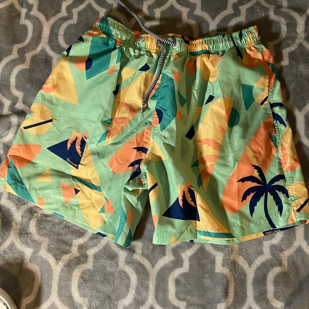 Mens Boardies Apparel Swim trunks  neon with palm trees Size Medium # 2139